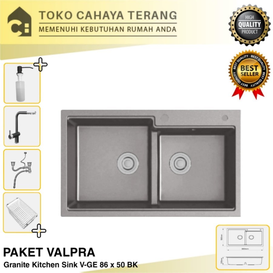 Bak Cuci Piring 2 Lubang Granit Metalic Valpra 86 x 50 + Keran / Kitchen Sink V-GE 8650 MT