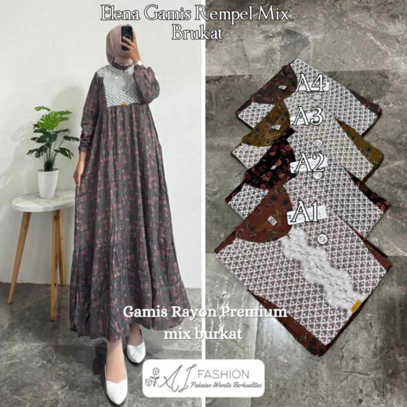 Gamis Elena Mix Brukat Bahan Rayon Premium Model Rempel Bawah Dress Wanita Elegan terbaru