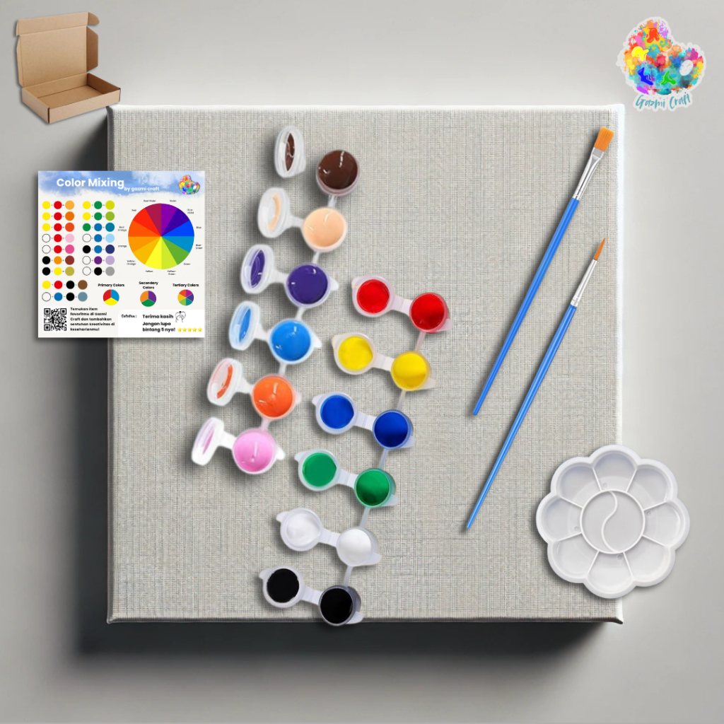 

Paket Lukis Kanvas Lengkap 1 Set Kanvas / DIY Painting Canvas Polos 20x20 Paket Single | Cat Akrilik 6 Warna | Kuas Lukis Palet Lukis | By Gazmi Craft