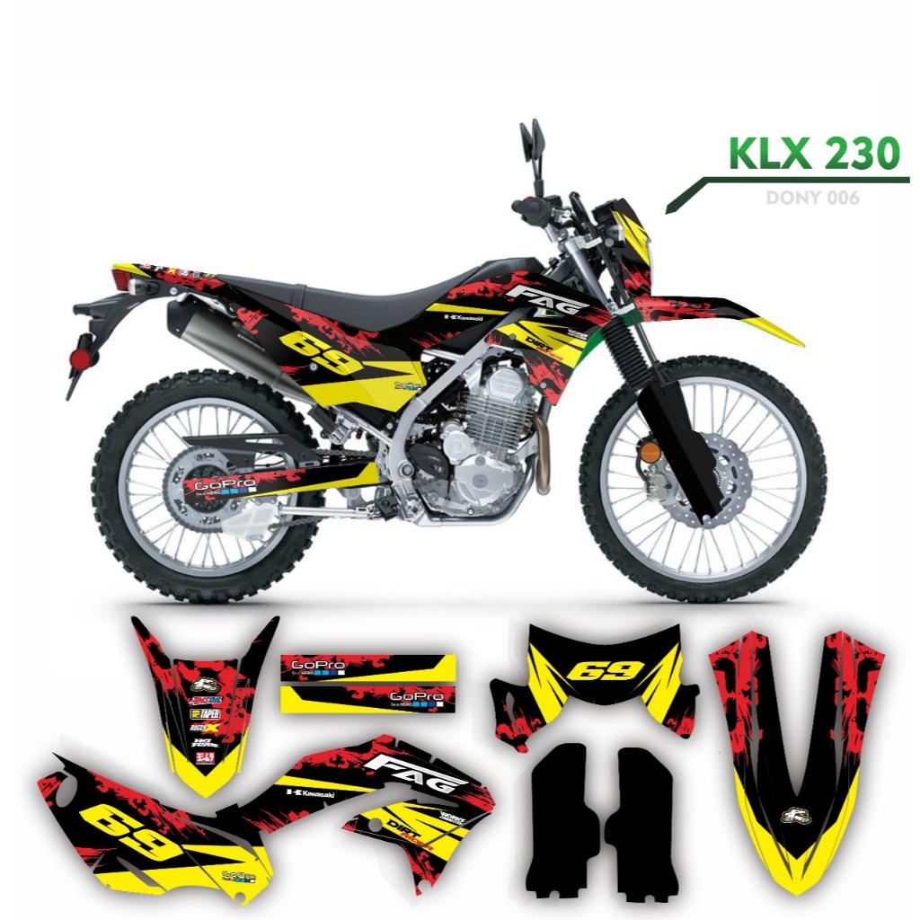 decal dekal  klx 230 striping variasi sticker full body dekal motif hitam list kuning bercak merah k