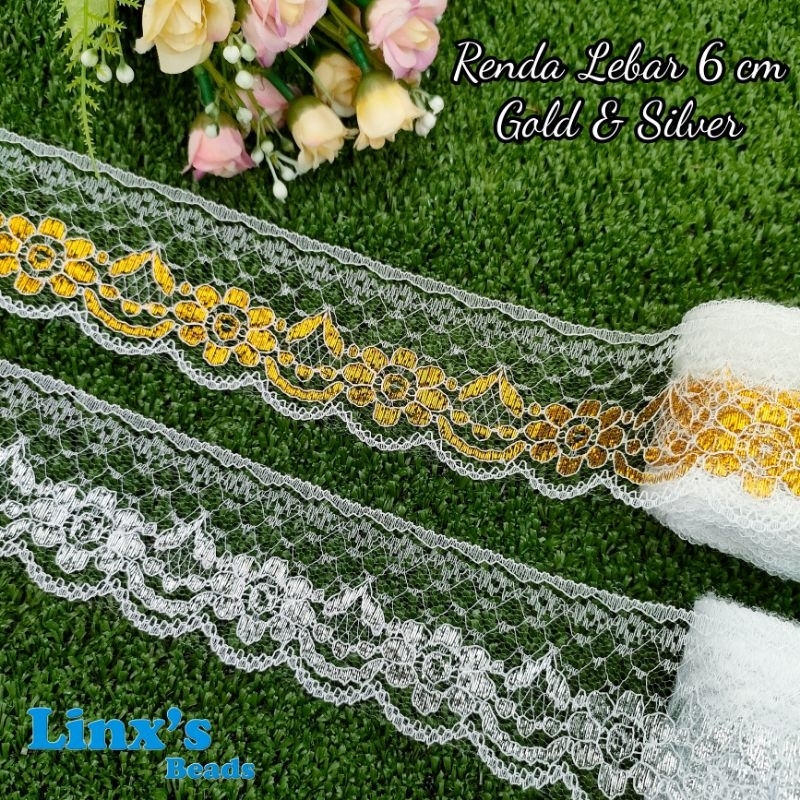 Renda Lebar 6 cm Putih Gold & Putih Silver / Renda Putih Emas & Renda Silver