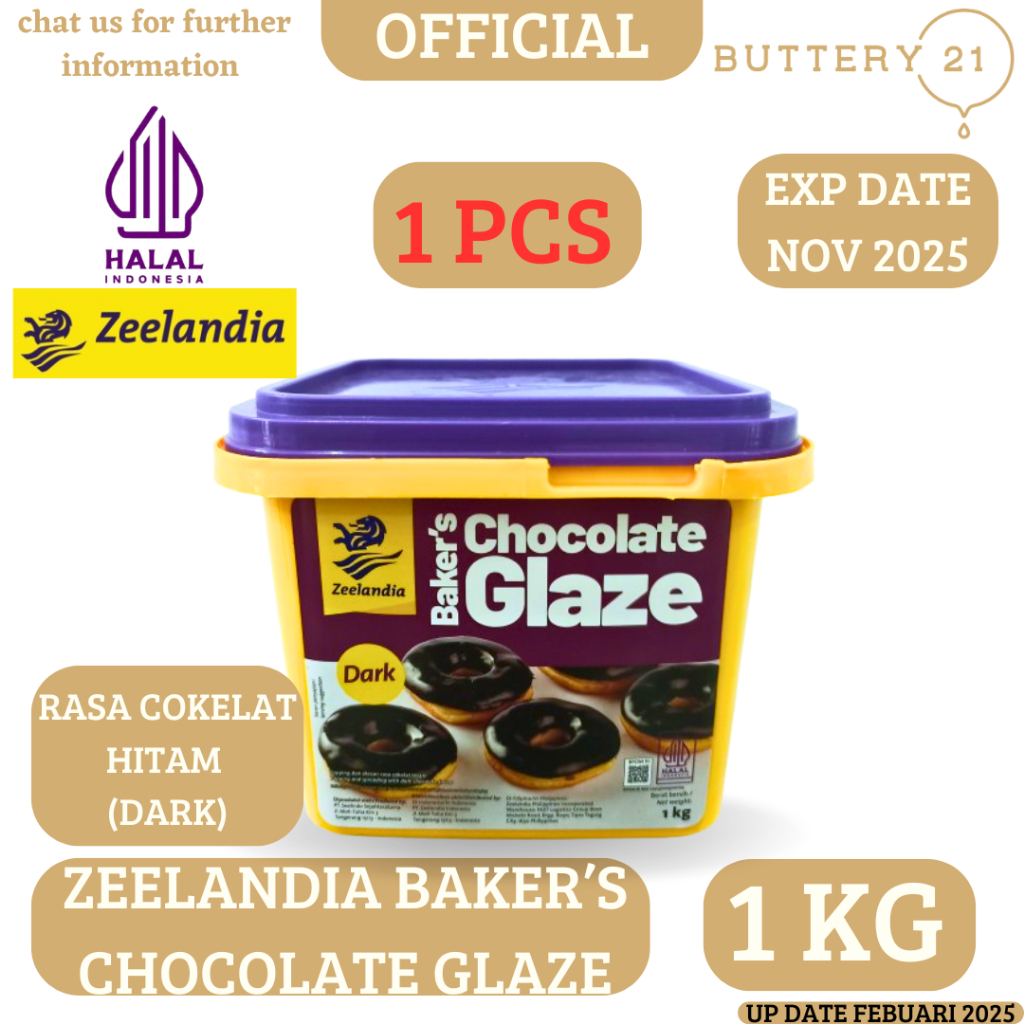 

ZEELANDIA BAKER'S CHOCOLATE GLAZE 1 KG/TOPING DAN RASA COKELAT HITAM/CHOCOLATE DARK