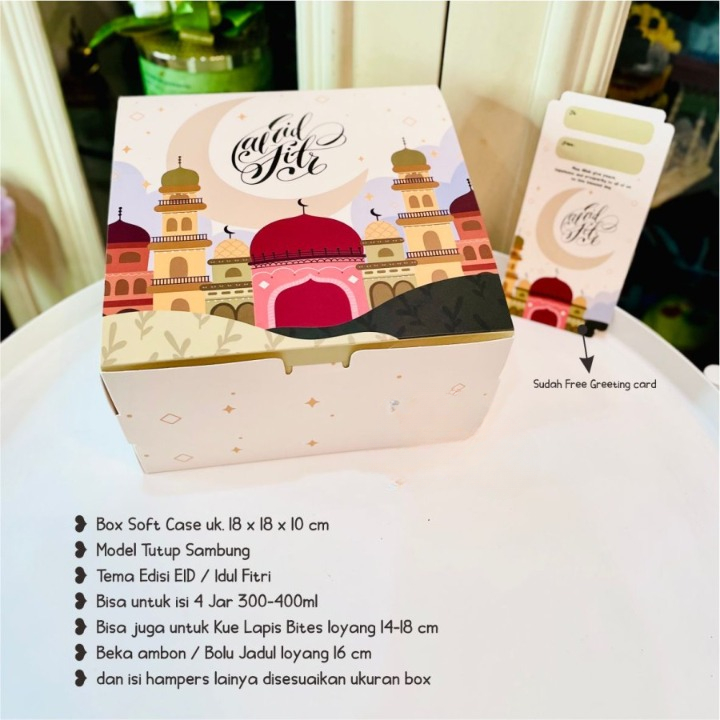 

10 pcs box tutup sambung idul fitri tema eid mubarak ukuran 18 x 18 x 10 cm free greeting card hangcard