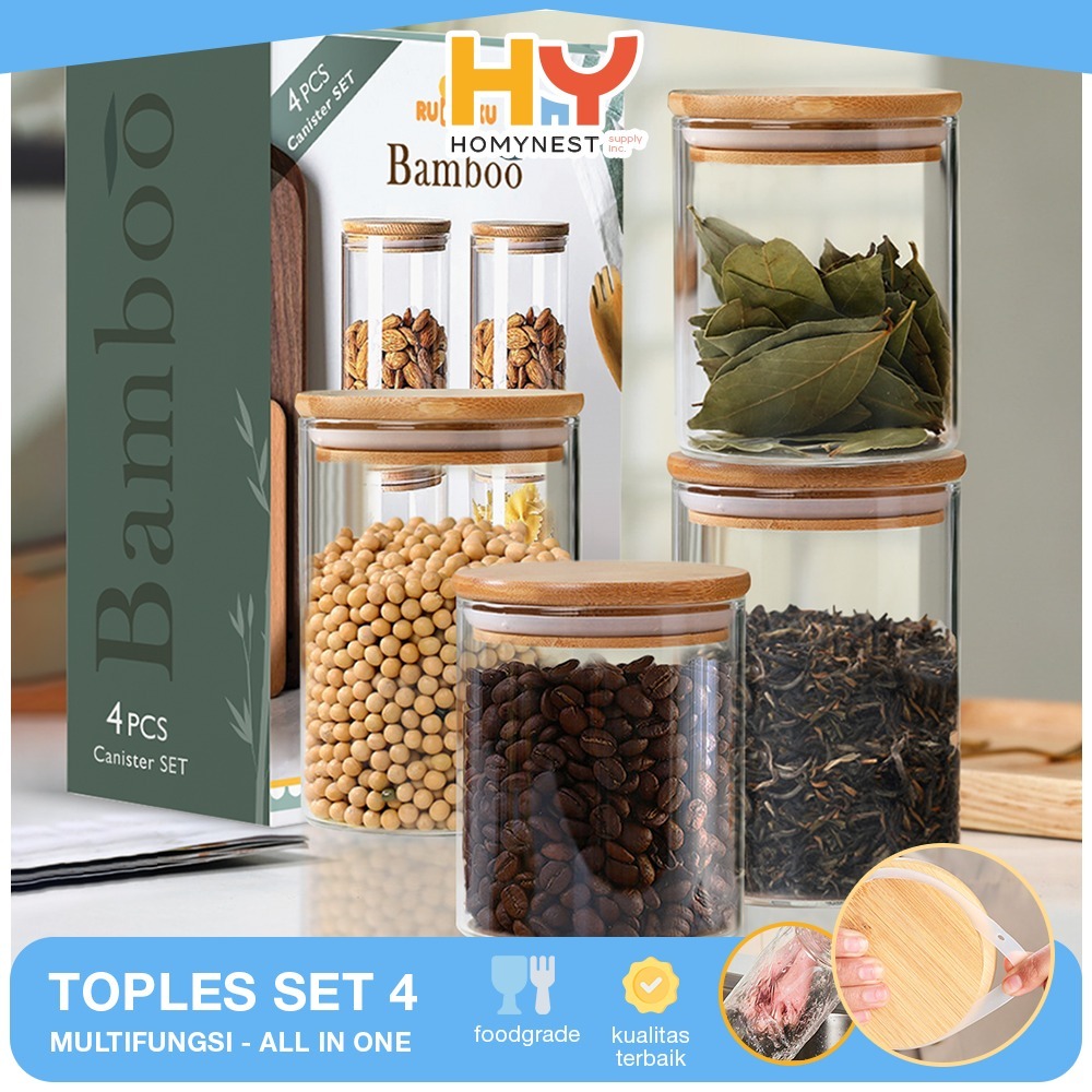 HOMYNEST Toples Tempat Penyimpanan Bumbu Dapur Bahan Kaca 1 Set Lengkap Isi 4 Pcs