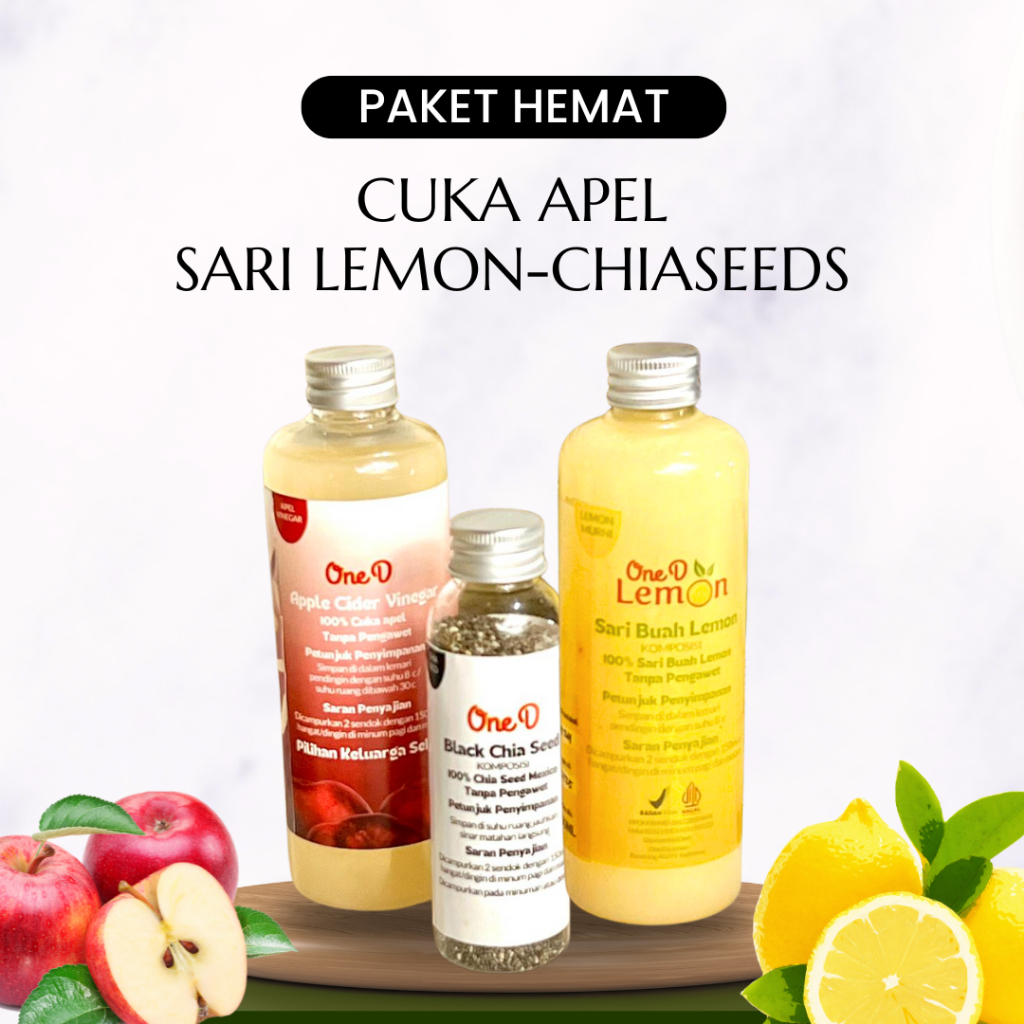 

PAKET HEALTHY 3in1 OneD 250ML Sari Lemon Cuka Apel Dan Chiaseeds Murni Alami 100% Untuk Diet Alami