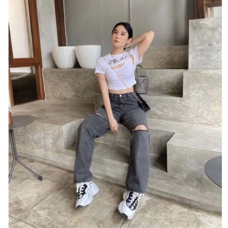 HIGHWAIST KULOT JEANS RIPPEDS SOBEK LUTUT KEKINIAN CELANA BOYFRIEND DENIM JEANS LUTUT SOBEK TERMURAH