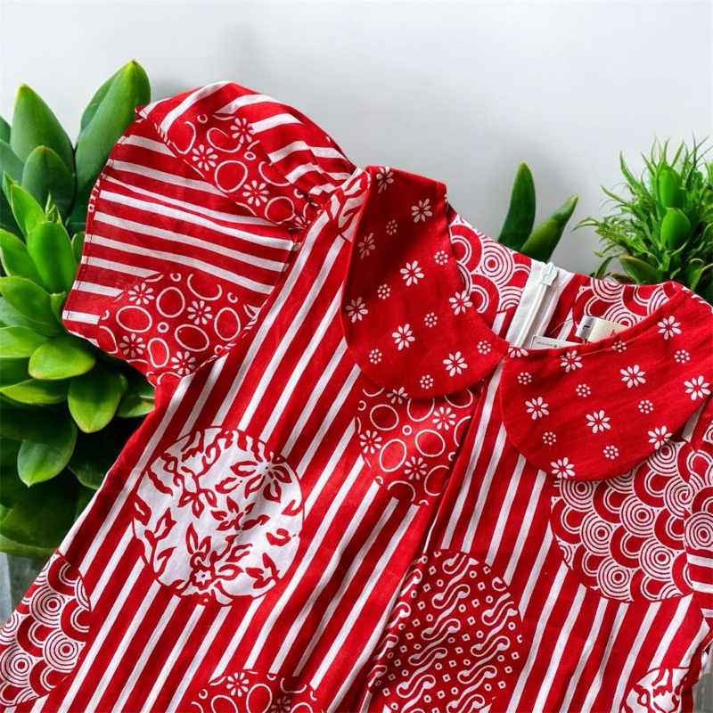 ATASAN BATIK ANAK PEREMPUAN LENGAN PENDEK BLUS MOTIF LURIK MERAH PUTIH BAHAN KATUN NYAMAN DI PAKE