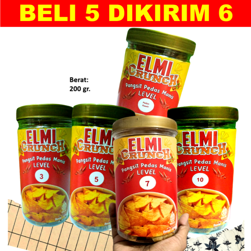 

Keripik Pangsit Pedas Manis ELMI Crunch_Toples 1000ml_berat 200 gram_Level 3_5_7_10 dan Rawit_Bumbu Alami_Bikin Nagih