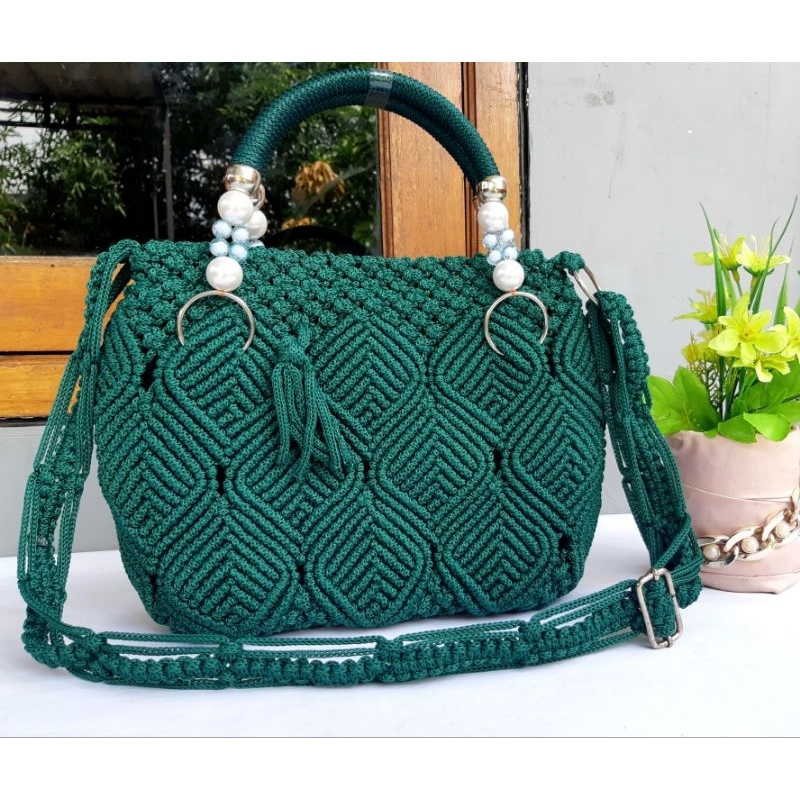 Tas Talikur Motif Daun Mutiara / Handbag TaliKur Daun 2in1 / Tas Pesta TaliKur/ Tas Macrame/ Tas Ken