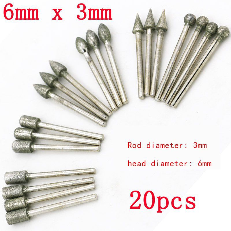 Mata Bor Diamond Brus set 20 pcs Dremel Grinding Rotary Tools Mata Bor Kikir Ukir 6mm x 3mm Tuner Mi