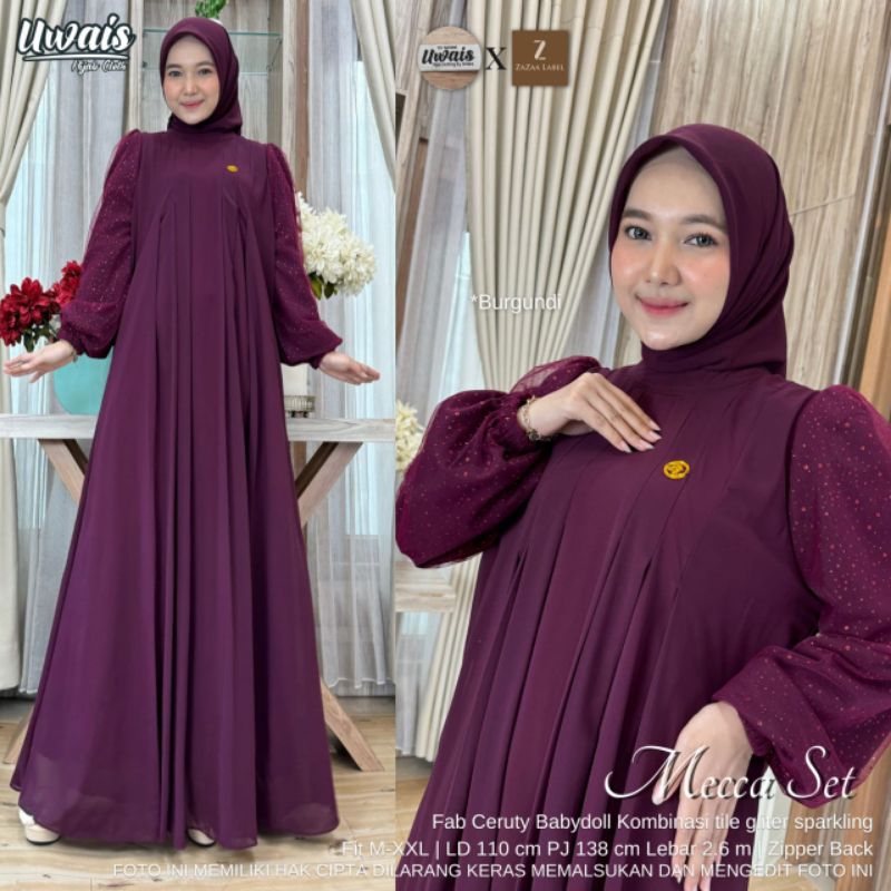 GHUI ~ MECCA SET HIJAB BURGUNDY SETELAN GAMIS CERUTY MIX TILE SPARKLING DAN KHIMAR SEGIEMPAT BY UWAI
