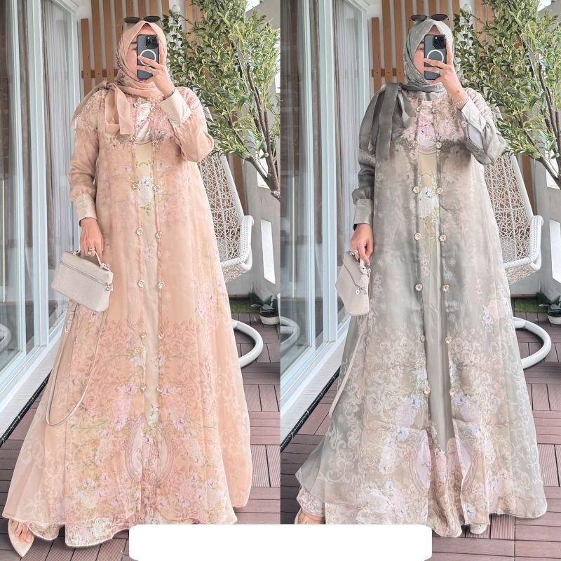 Gamis Sultan Set hijab Bahan Bridal Printing x Organza Motif Bunga