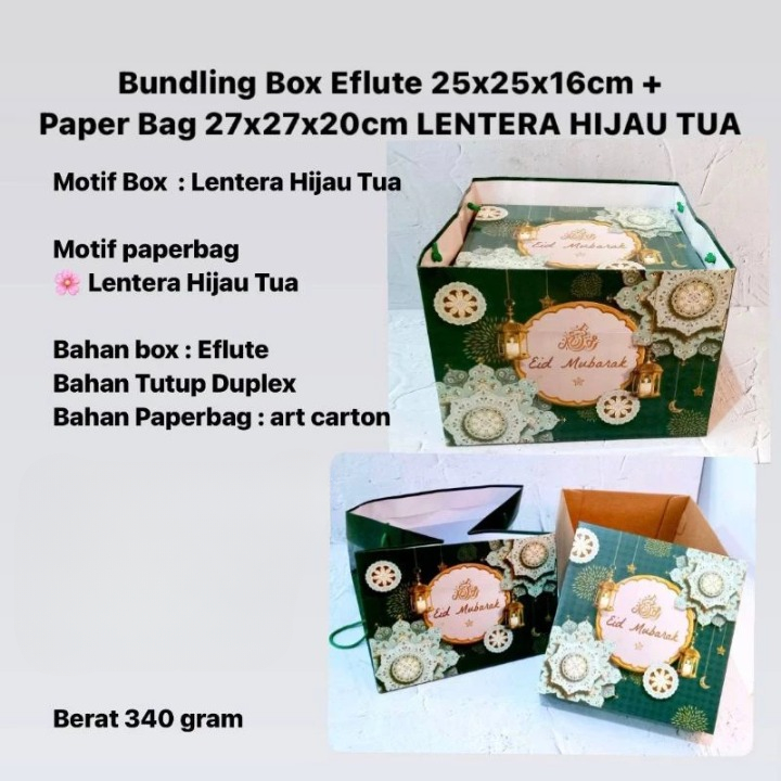 

Bundling Paperbag 27x27x20cm Plus Box Eflute 25x25x16cm Motif Lentera Hijau Tua