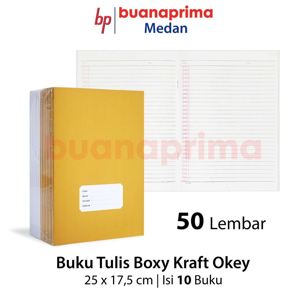 

Buku Tulis PANJANG KRAFT OKEY 50 Lembar Boxy per 10 Buku Cover Coklat Notebook Sekolah 25 x 17,5 cm