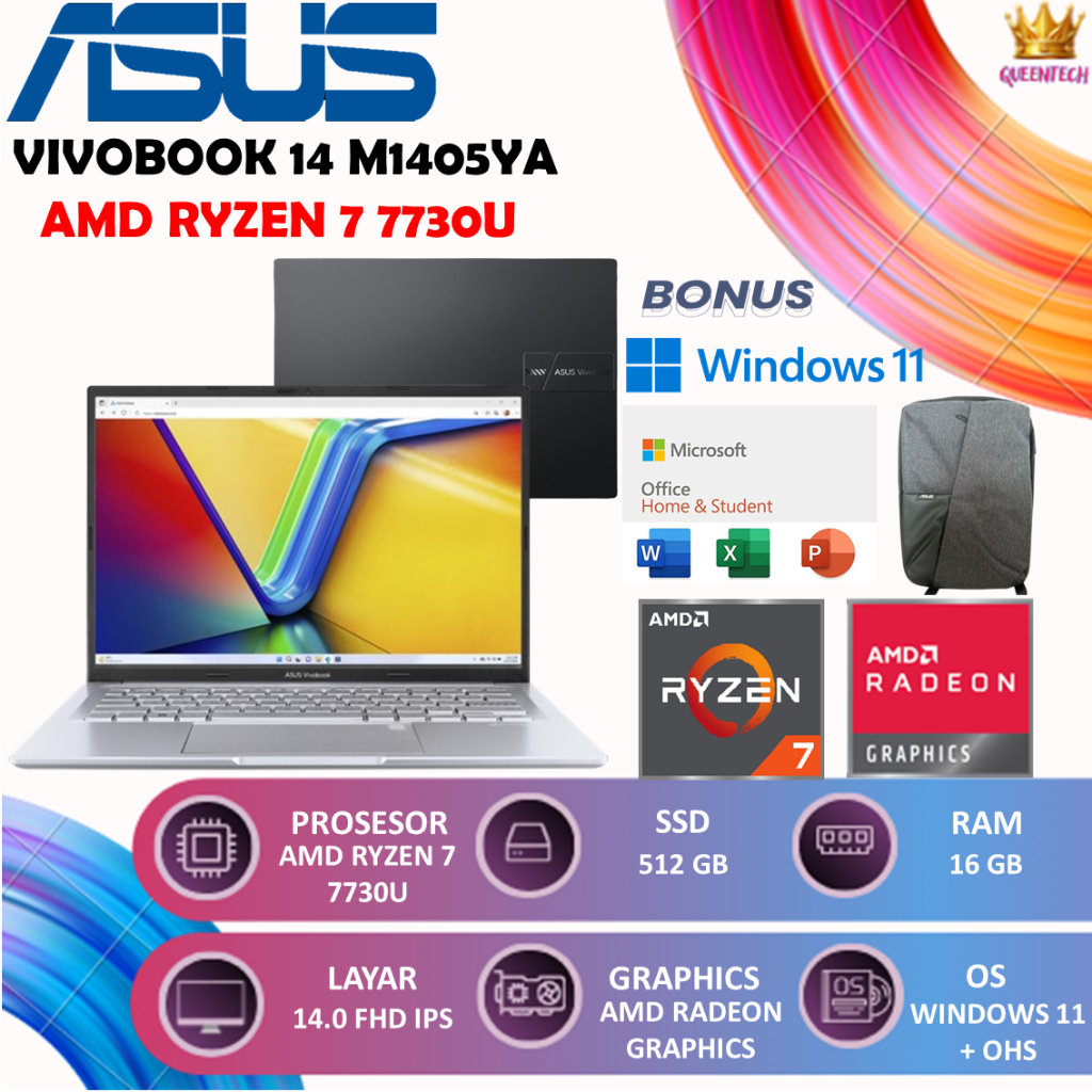 ASUS Vivobook 14 Ryzen 7 7730 16GB 512GB Laptop 14" WUXGA IPS Fingerprint Kencang