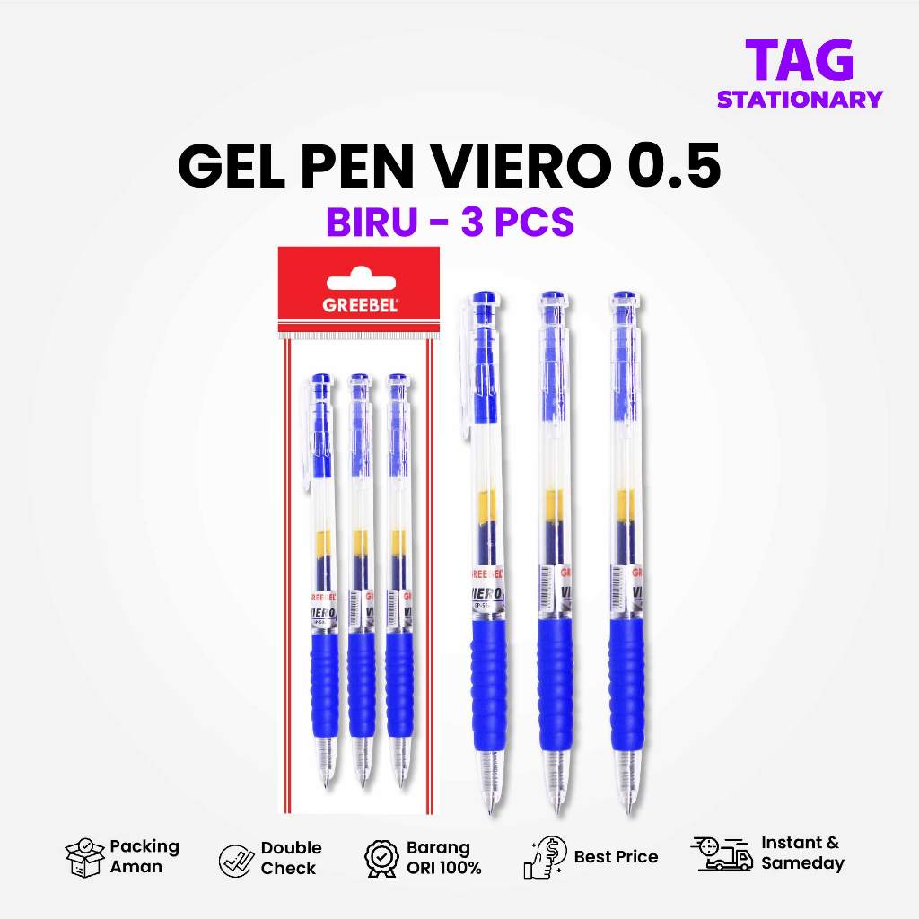 

GREEBEL Bolpen Pulpen Gel / Gel Pen GP-504 Viero 0.5 Tinta Biru 3 PCS/SET / Ballpen Pulpen Cetek