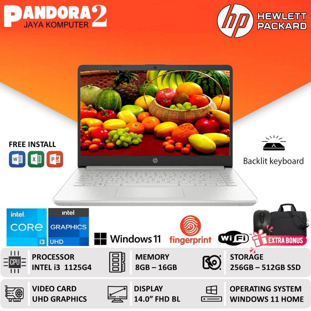 Laptop HP Core i3 Gen 11 RAM 16GB 512GB SSD 14 Inch FHD Windows 11 Baru