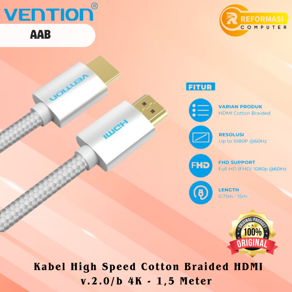 Vention Kabel Hdmi High Speed Cotton Braided HDMI v.2.0/b 4K - 1.5 Meter