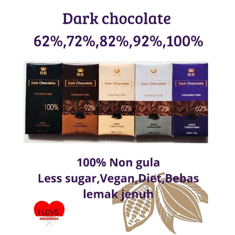 

RR Chocolate Bar Dark 100% (Sugar Free), 92%, 82%,72%,62% Netto 70gram. Vegan, Diet, Diabet.