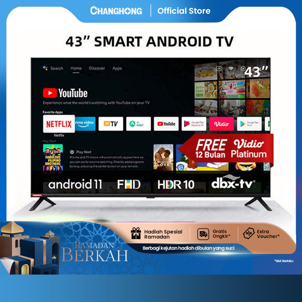 Changhong 43 Inch Newest Android 11 Frameless Smart TV Digital LED TV FHD -Netflix-Youtube-Google Pl