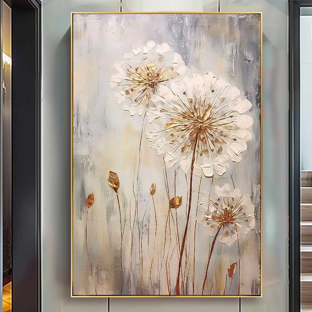 Lukisan Dinding Kanvas Bunga Dandelion Tekstur Beige Aesthetic Tenang