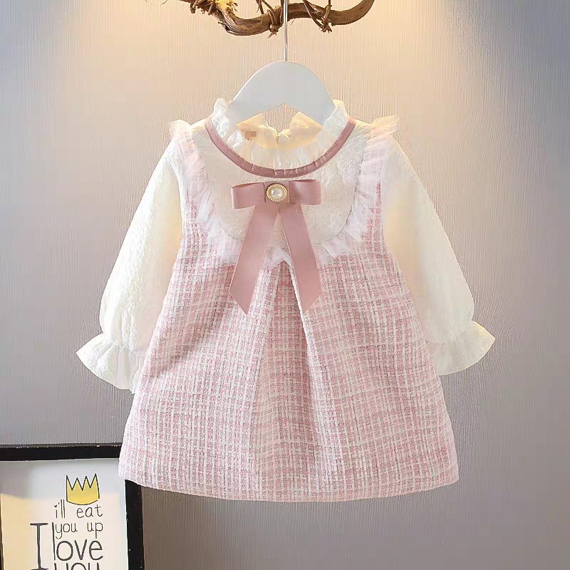 LaRubi - Dress Tweed Kotak-kotak pink putih pita mutiara lengan panjang anak bayi perempuan 12 18 24
