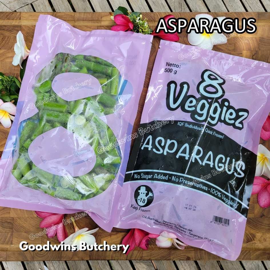 

ASPARAGUS CUTS +/- 3cm IQF 8Veggiez imported frozen vegetable sayuran beku 8 Veggiez 500g