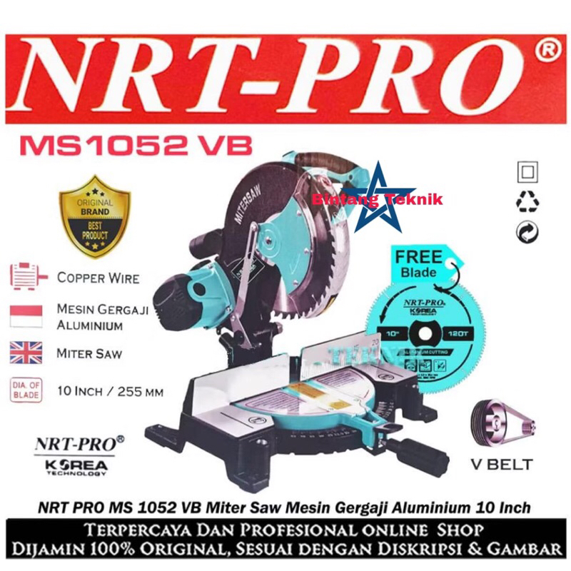 NRT-PRO MS1052 VB Mesin Mitre Saw 10" Miter Gergaji Potong Aluminium Van Belt Drive 10 Inch MS 1052 