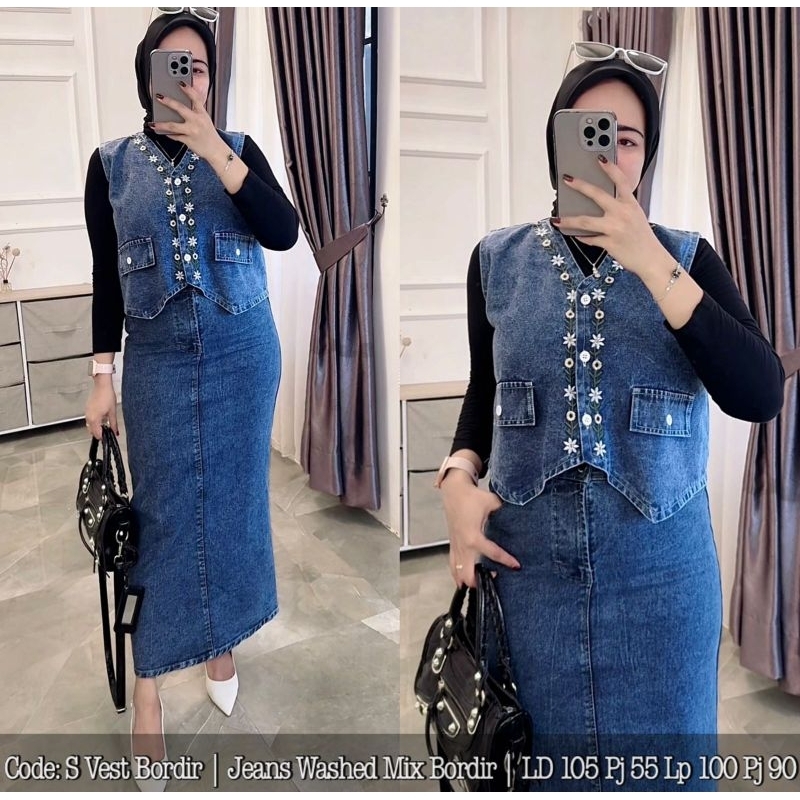 setelan Rok Vest Jeans Denim Set Rok vest Bordir
