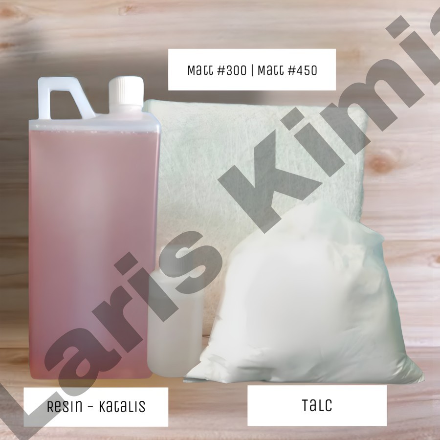 Resin 1 Paket lengkap dengan Katalis, Mett #300 (serat fiber) dan Talc