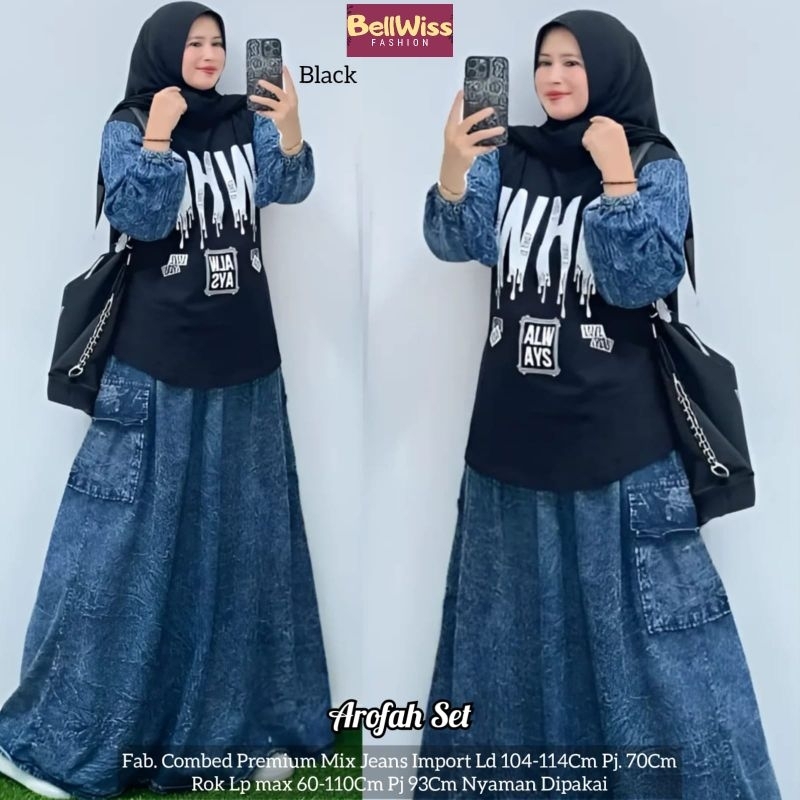 Arofah set fab. combed premium mix jeans import/Setelan wanita mix jeans premium import