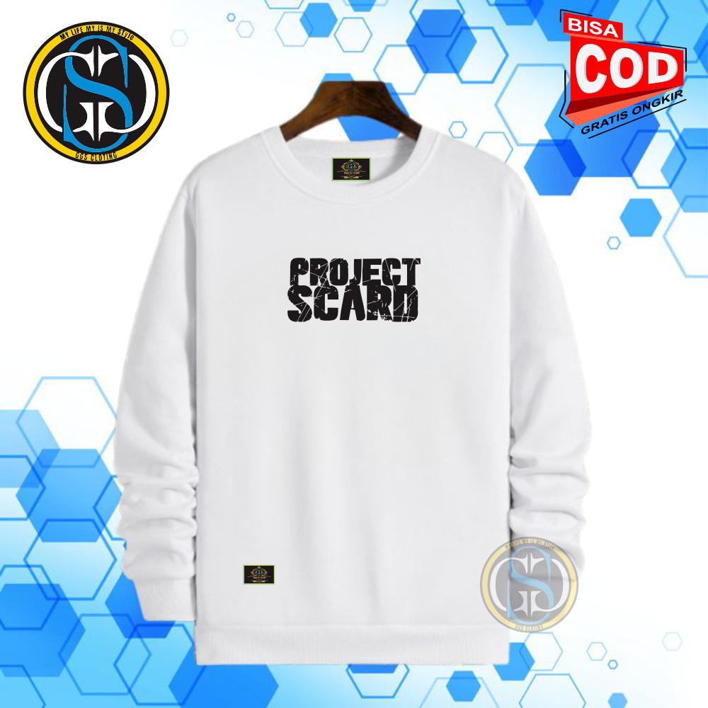 Sweater Jaket Pria Wanita Crewneck Distro Warna Putih Motif Project Card Bahan Katun Fleece Tebal