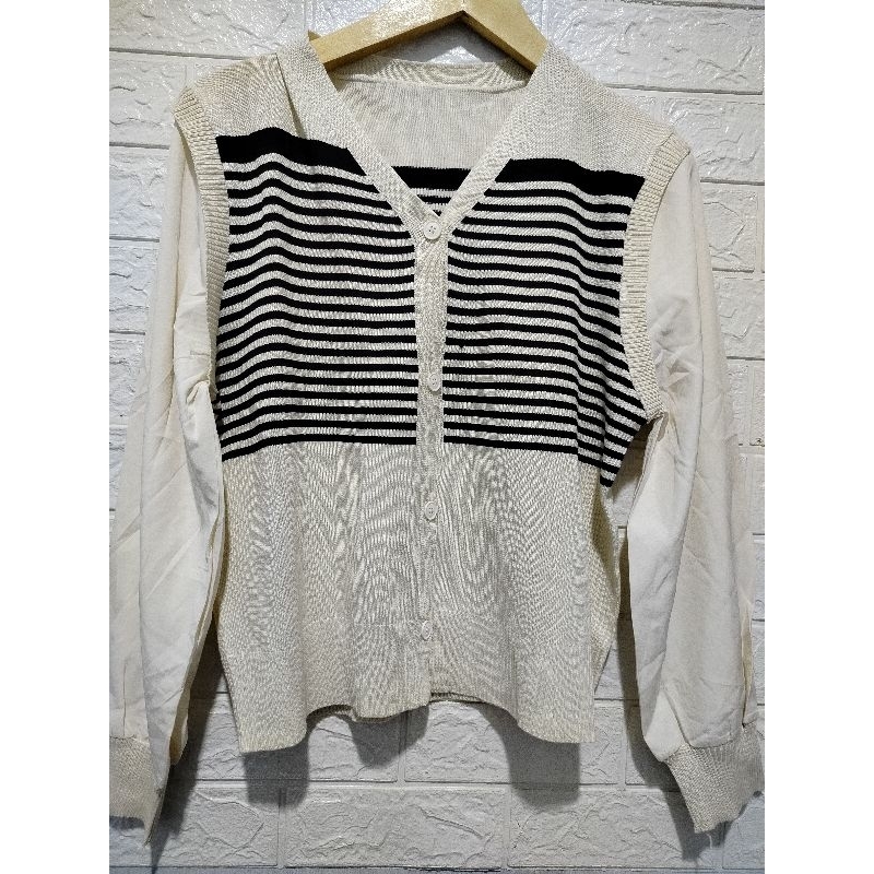 Baju Rajut Wanita BLOUSE Atasan Lengan Panjang motif Salur