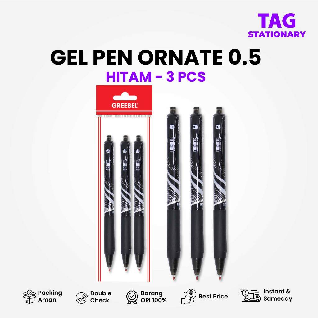 

GREEBEL PULPEN GEL / Gel Pen Ornate GP-505 0.5 Hitam (3PCS/SET) / Ballpen Gel Bolpen Bolpoin Cetek