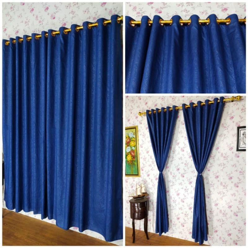 [ 2 pcs ] Gorden Biru tua / navy ukuran  100x230 cm smokering polos emboss kordeng jendela atau pint