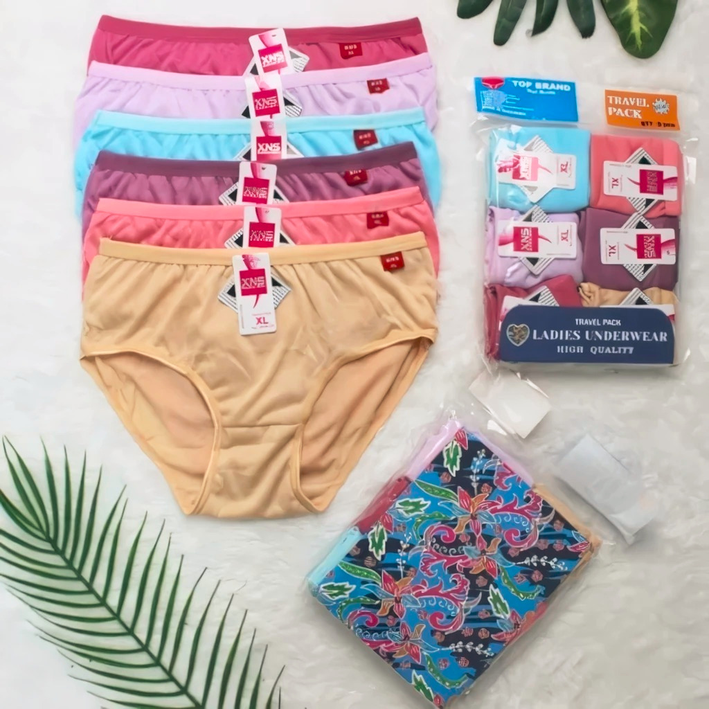 XNS 9900 - (6 Pcs) CELANA DALAM WANITA XNS / CD PEREMPUAN KATUN POLOS TRAVEL PACK ISI 6 Pcs