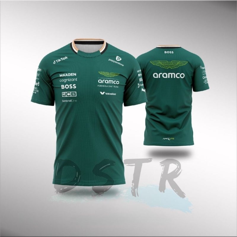 Kaos Jersey F1 2025 Formula One Team Aston Martin Fullprint Lengan Pendek Warna Hijau