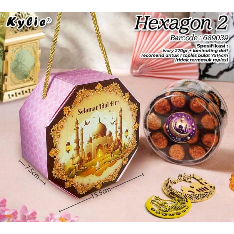 

Joyful Box Hexagon Lebaran 1 Toples 500gr / Dus Idul Fitri Kue Kering / Tas Jinjing Hampers Parcel Ramadan Kareem Eid Mubarak