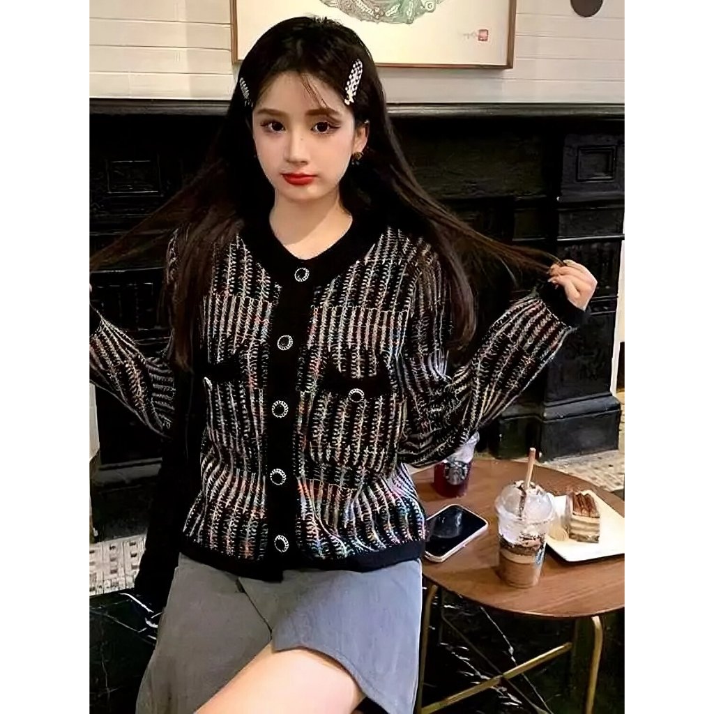 Cardigan Knit Rainbow Wanita Korean Style Premium Sweater Rajut Pelangi Baju Atasan Lengan Panjang