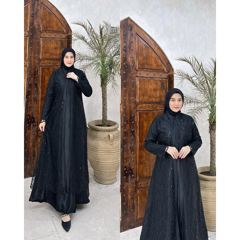 gamis satin kristal mix tille spinggel