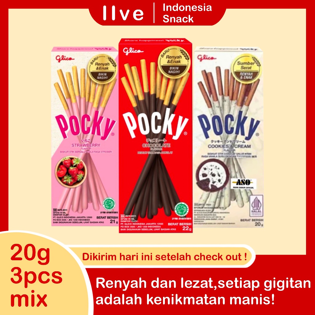 

Biskuit Glico Pocky 3 pack 20g Rasa Coklat/Stroberi/Cookies&Cream - Food/Snack