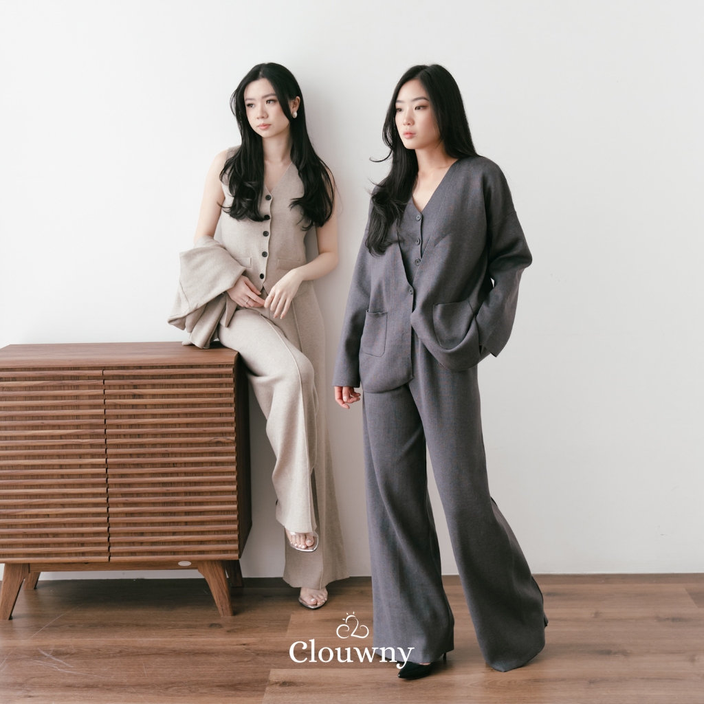 Clouwny Livy 3in1 Set Setelan Include Outer Celana Panjang Wanita Premium Knit Korean Look ( Vest Ou
