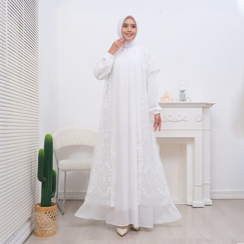 GAMIS JALILA WHITE OUTER SET | Gamis Wanita Muslim Modern Baju Lebaran