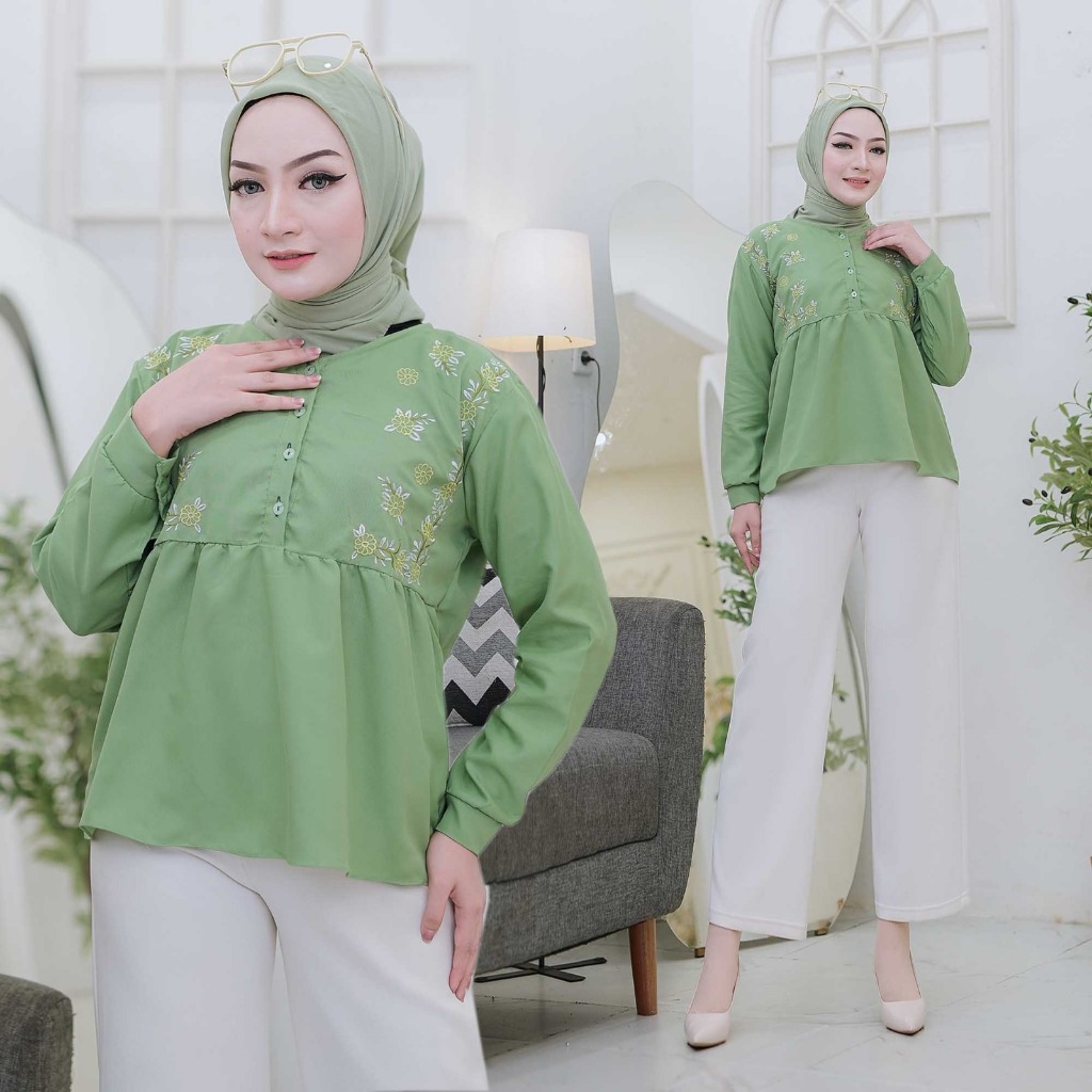Blus Wanita Katun Bordir, Atasan Polos dengan Aksen Bordir, Tampilan Modis untuk OOTD Fashion Terbar