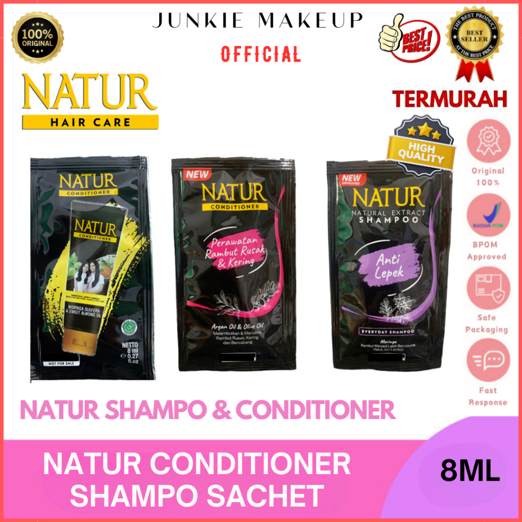 𝗝𝗨𝗡𝗞𝗜𝗘 𝗠𝗔𝗞𝗘𝗨𝗣 - NATUR HAIR NATURAL EXTRACT SHAMPO & CONDITIONER SACHET 8ML / BPOM