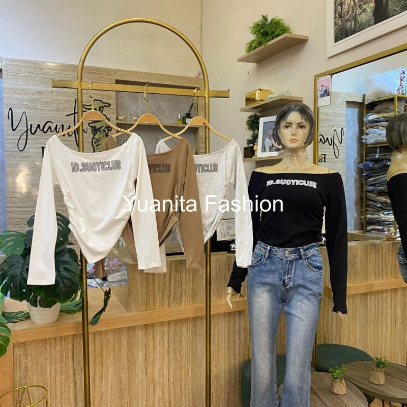 [SKS] Sabrina Kerut Souyiclub - Baju Wanita Katun Putih/Hitam/Abu/Cokelat - Atasan, Crop, Polos, Pan