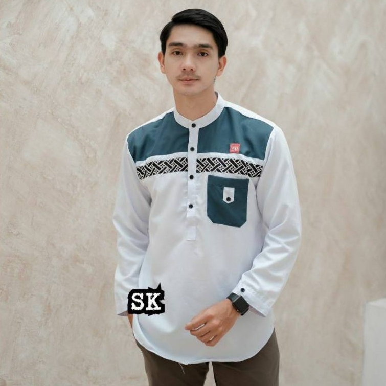 Kemeja Pria Lengan Panjang Putih Kurta kombinasi batako KOKO MURAH ID Berkualitas