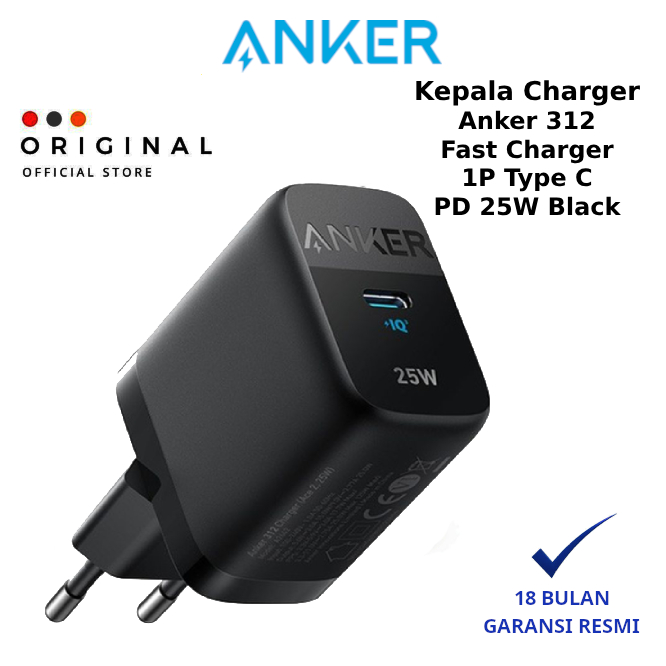 Anker 312 Charger (25W) Black A2642 - ANKER OFFICIAL STORE ( CODE 10008 ) / KEPALA CHARGER 1 PORT AN