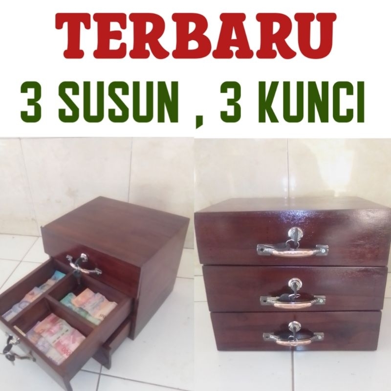 laci uang kasir / kotak tempat uang untuk toko, warung. susun 3. kayu jati. kuat halus. murah
