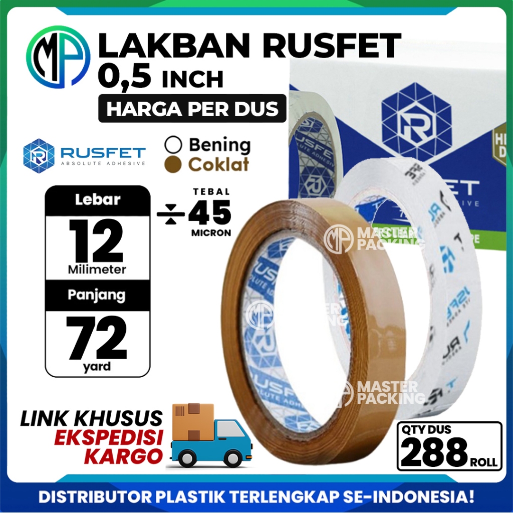 

Lakban Selotip Grosir Rusfet Bening dan Coklat 0,5inch 12mm x 72yard HARGA PER-DUS (VIA EKSPEDISI)